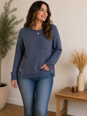 Banana Republic Textured Knit Sweater Zip Hem Blue Medium Cozy